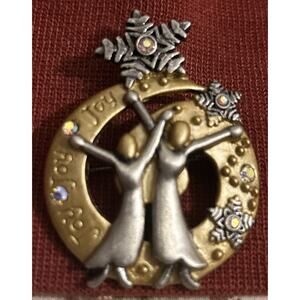 Christmas Angel Rhinestone Pewter Brass Tone Signed Brooch Pin DD Aurora Vintage